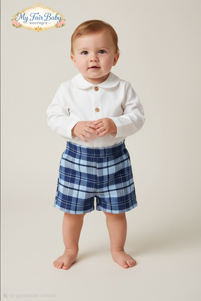 Spanish Baby Boys Blue Check Short Set ~ 3,18m