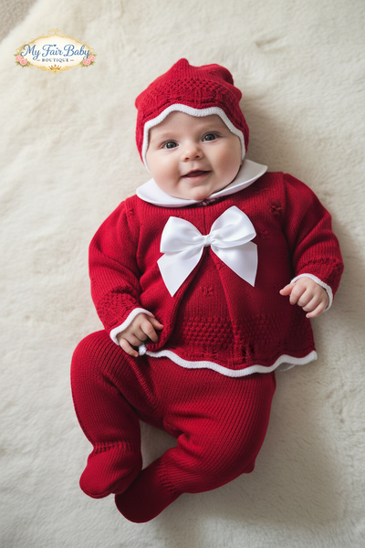 Spanish Baby Girls Red & White Knitted 3pc Set ~ 0-3m