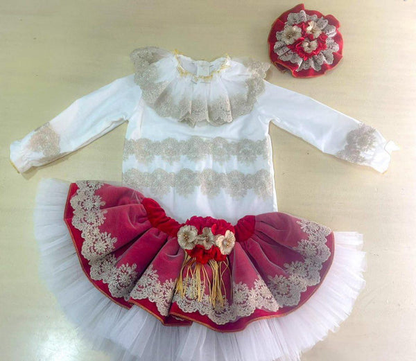 Ela Confeccion AW25 Spanish Girls Red & Cream Lace Skirt & Blouse Set - 5,6,8y ~ IN STOCK NOW
