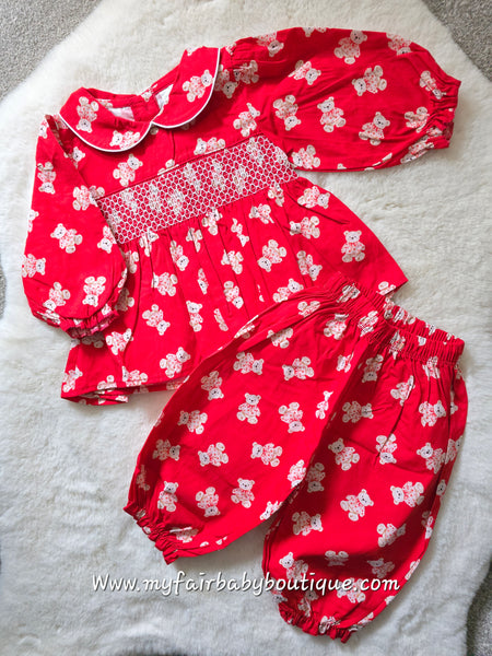 Girls Red Smocked Cotton Teddy Bear Pyjamas