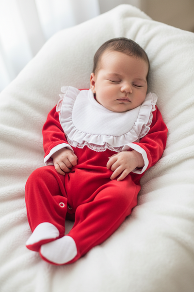 Spanish Baby Girls Red & White Frill Velour Sleepsuit/Babygrow ~ NB-6m