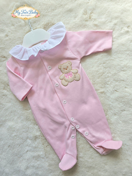 Spanish Baby Girls Pink Teddy Cotton Sleepsuit/Babygrow SG263