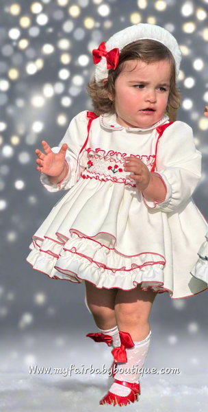 Sonata Infantil AW25 Spanish Girls White & Red Velvet Smocked Puffball Dress IN2511 ~ MADE TO ORDER