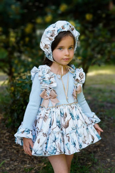 Ela Confeccion AW25 Spanish Girls Blue Floral Puffball Dress - MADE TO ORDER