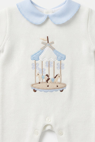 Spanish Baby Boys White & Blue Knitted Carousel Sleepsuit/Babygrow 5798 ~ 1-6m