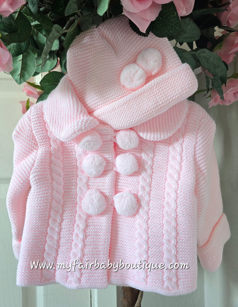 Spanish Baby Girls Pink Knitted Pom Pom Jacket & Hat Set ~ 6-18m