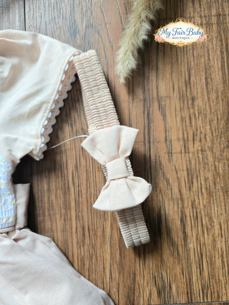 Mabini Traditional Girls Cream Smocked Teddy Dress Set