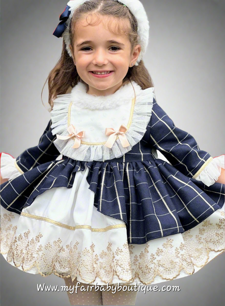 Sonata Infantil AW25 Spanish Girls Navy & Gold Lace Christmas Puffball Dress IN2513 ~ MADE TO ORDER