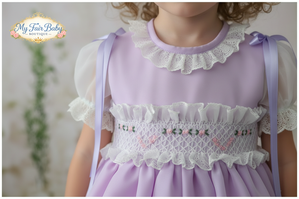 Sonata Infantil Spanish Girls Lilac Organza Smocked Puffball Dress VE2201 - MADE TO ORDER
