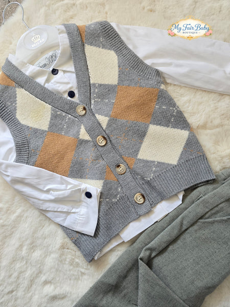 Beau Kid Traditional Boys Grey Argyle Tank Top 3pc Set 2817 ~ 1-7y