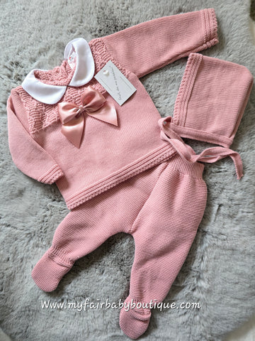 Spanish Baby Girls Dusky Pink Knitted 3pc Set ~ 0-3 months