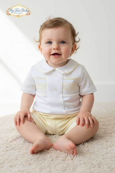 Spanish Baby Boys White & Lemon Smocked Cotton Short Set ~ 1-18m