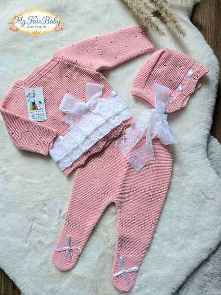 Spanish Creaciones Gavidia Baby Girls Dusky Pink Knitted 3pc Set 8213