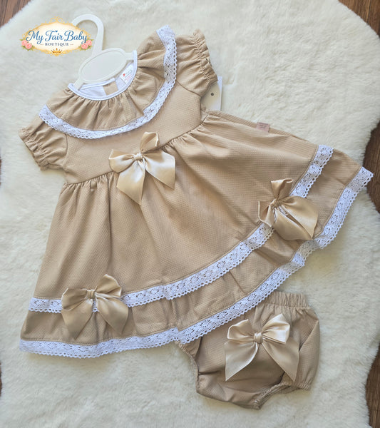Spanish Girls Camel Waffle Bow & Lace Dress V004 ~ 3-36m