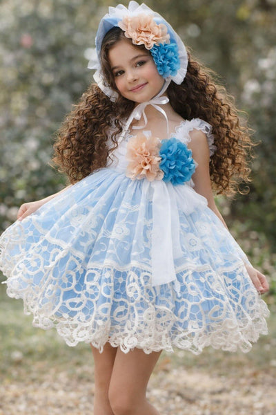 Ela Confeccion SS26 Girls Blue & White Lace Puffball Dress - MADE TO ORDER