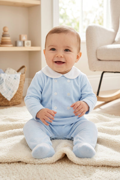 Spanish Baby Boys Blue Velour Button Sleepsuit/Babygrow SG262 ~ NB-6m