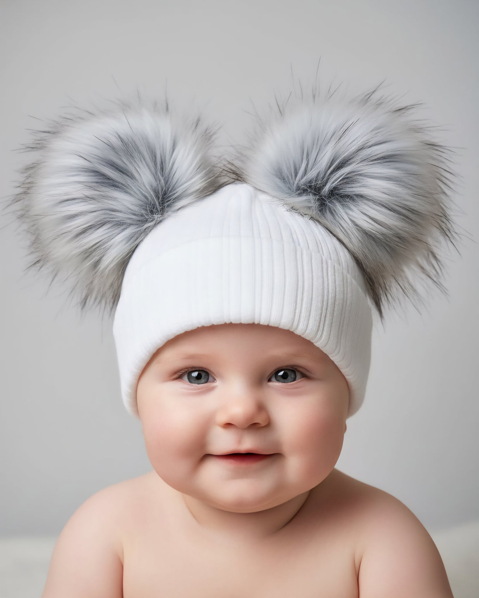 Unisex Baby White & Grey Double Fur Pom Pom Winter Hat ~0-3y