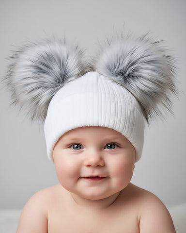 Unisex Baby White & Grey Double Fur Pom Pom Winter Hat ~0-3y