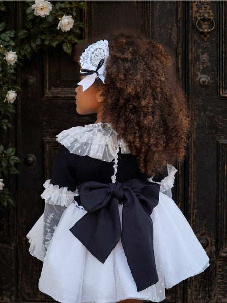 Ela Confeccion AW26 Spanish Girls Navy Knitted Puffball Dress - MADE TO ORDER