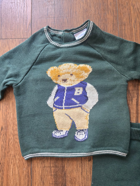 Traditional Baby Boys Green Knitted Teddy Trouser Set