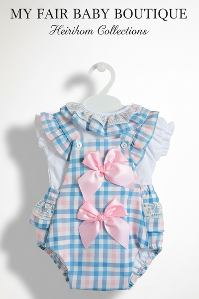 Spanish Baby Girls Blue & Pink Check Ruffled Romper M002 ~ 3-36m