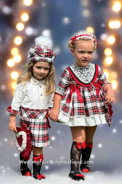 Sonata Infantil AW25 Spanish Girls Red Plaid Christmas Puffball Dress IN2501 ~ MADE TO ORDER