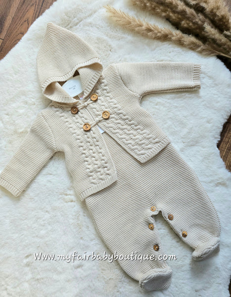 Spanish Unisex Baby Beige Knitted Dungarees & Cardigan Set 3120