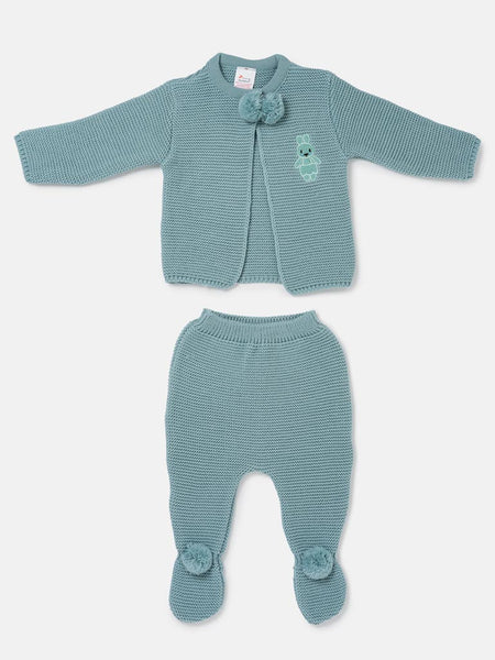 Spanish Baby Boys Green Bunny Knitted Pom Pom Trouser & Cardigan Set - 1-12m