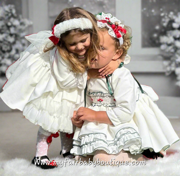 Sonata Infantil AW25 Spanish Girls White & Green Velvet Smocked Puffball Dress IN2510 ~ MADE TO ORDER
