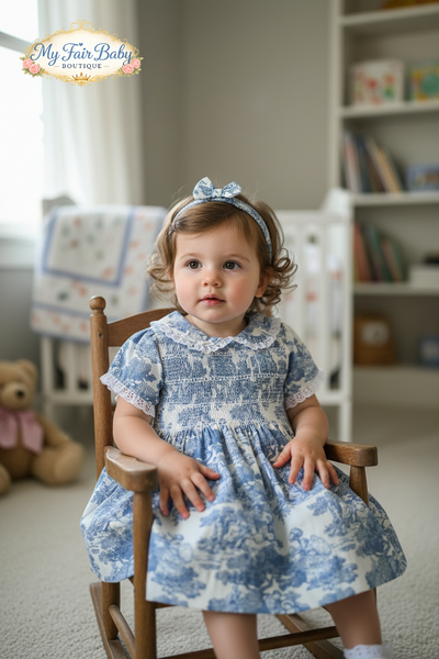 Mabini Traditional Girls Blue Toile Smocked Dress Set MB2620 ~ 0-4y