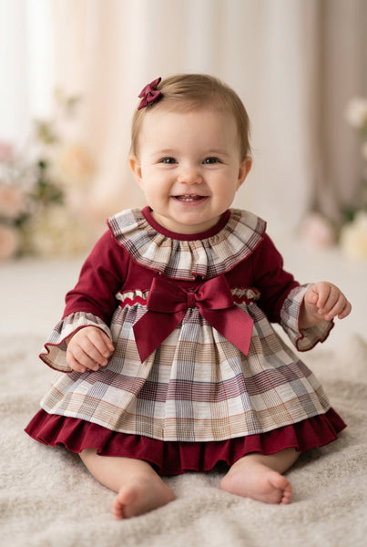 Spanish Girls Burgundy Checkered Christmas Dress & Pants ~ 3-36m