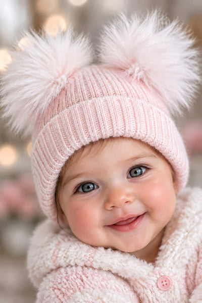 Traditional Baby Girls Pink Double Fur Pom Pom Hats