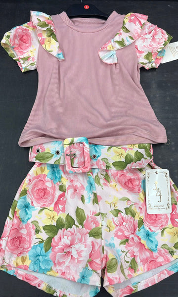 Girls Dusky Pink Top & Floral Short Set - 4-14y