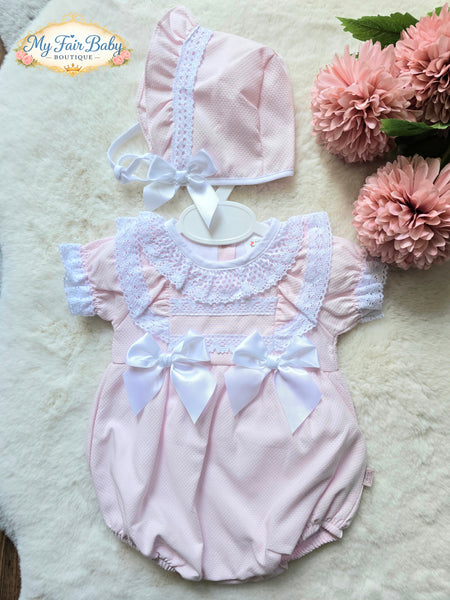 Spanish Baby Girls Pink Waffle Romper & Bonnet Set M002L