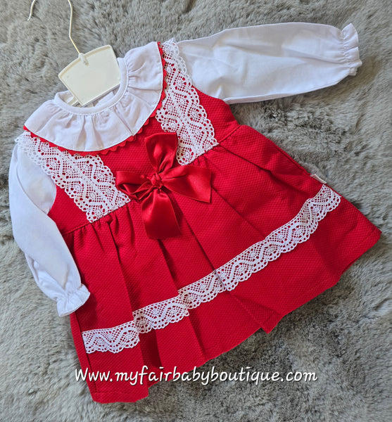 Spanish Baby Girls Red & White Lace Pinafore Dress ~ 3-18m