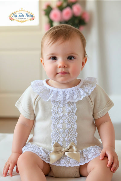 Spanish Baby Girls Beige Fine Knit Lace Jam Pant Set