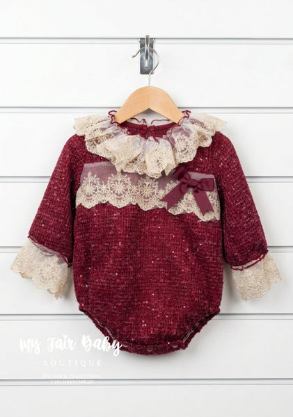 Ela Confeccion Spanish Girls Burgundy Lace Trimmed Romper & Bonnet Set  - IN STOCK NOW