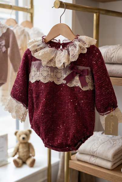 Ela Confeccion Spanish Girls Burgundy Lace Trimmed Romper & Bonnet Set  - IN STOCK NOW