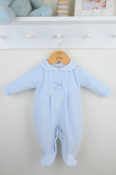 Spanish Baby Boys Blue Horse Velour Sleepsuit/Babygrow