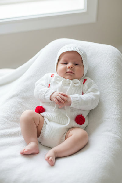 Spanish Unisex Baby White & Red Knitted Jam Pant 3pc Set