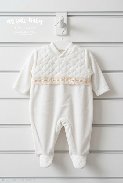 Spanish Baby Girls Cream Velour Sleepsuit/Babygrow ~ NB-6m