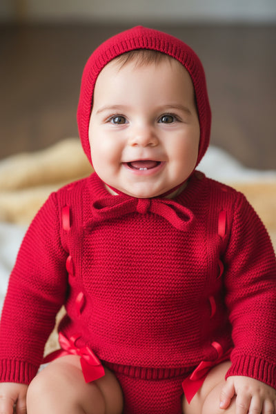 Spanish Baby Girls Red Knitted Bow Jam Pant 3pc Set