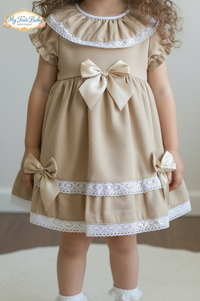 Spanish Girls Camel Waffle Bow & Lace Dress V004 ~ 3-36m