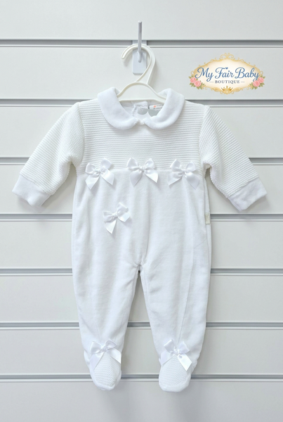 Spanish Baby Girls White Half-knit Bow Velour Sleepsuit/Babygrow ~ 3-12m