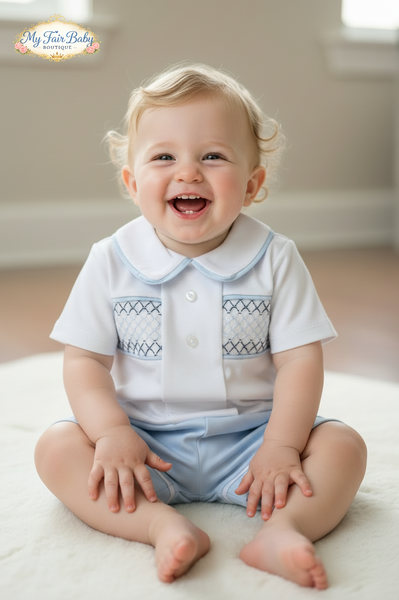 Spanish Baby Boys White & Blue Smocked Cotton Short Set ~ 1-18m