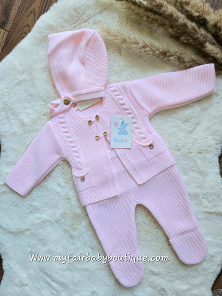 Spanish Baby Girls Pink Knitted Trouser & Cardigan 3pc Set C3035