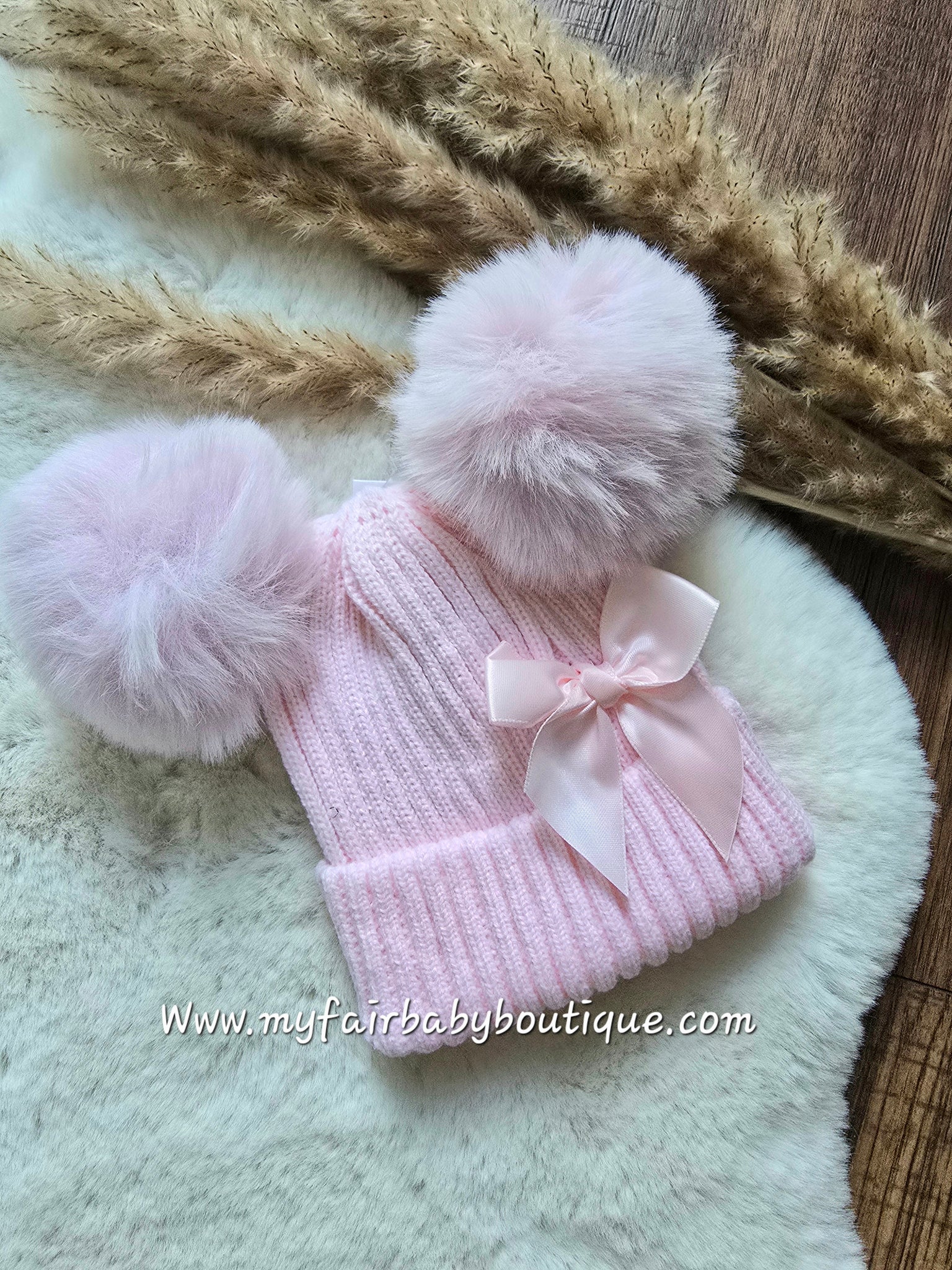 Baby Girls Pink Fur Double Pom Pom & Bow Hat - 0-6m