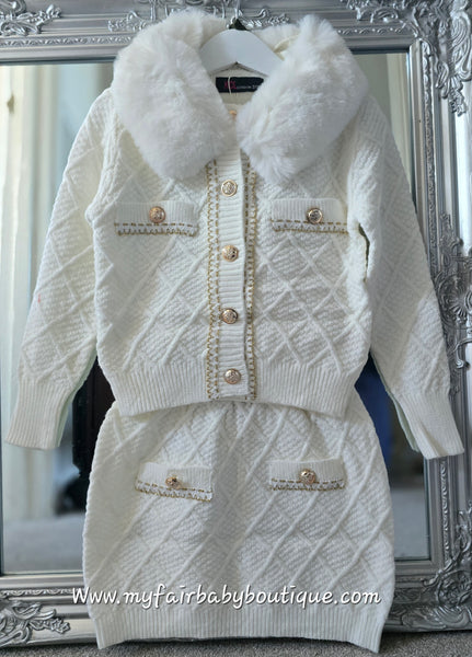 Girls Cream Diamond Knit Fur Cardigan & Skirt Set ~ 4-8y