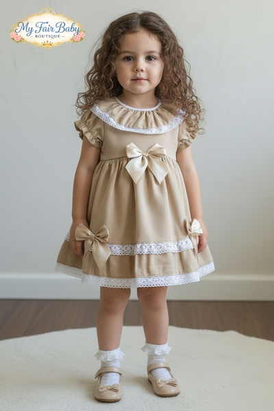 Spanish Girls Camel Waffle Bow & Lace Dress V004 ~ 3-36m