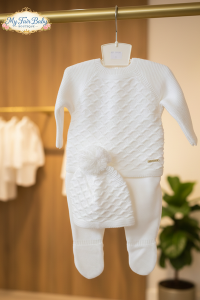 Spanish Unisex Baby White Knitted Lattice 3PC Set C7005 - 1-6m